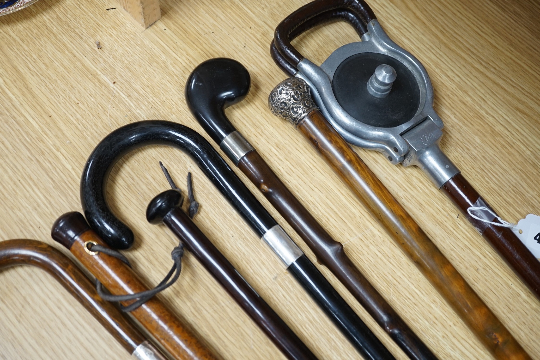 Four silver mounted walking canes, a malacca cane, a carved hardwood cane and a shooting stick (7)